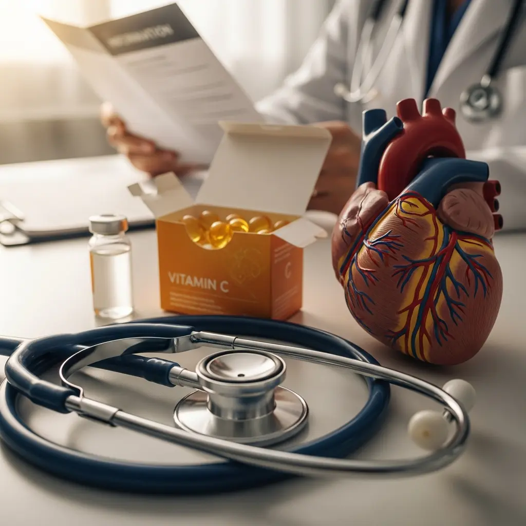 Stethoskop, Herzmodell, Vitamin-C-Kapseln und Fläschchen auf Tisch, Person liest Dokument.